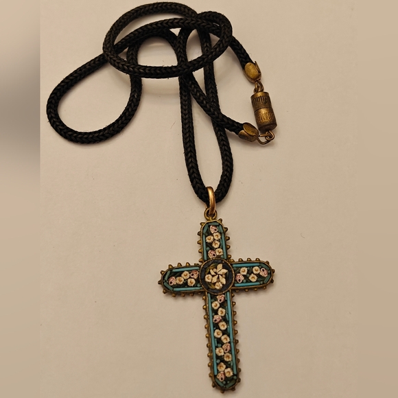 Antique Italian Mosaic Cross Pendant Necklace - Picture 8 of 14